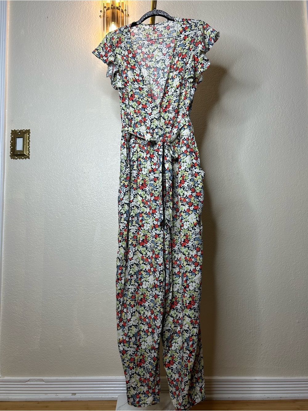 Free People Floral Wrap Jumpsuit in Black, Cream & Red